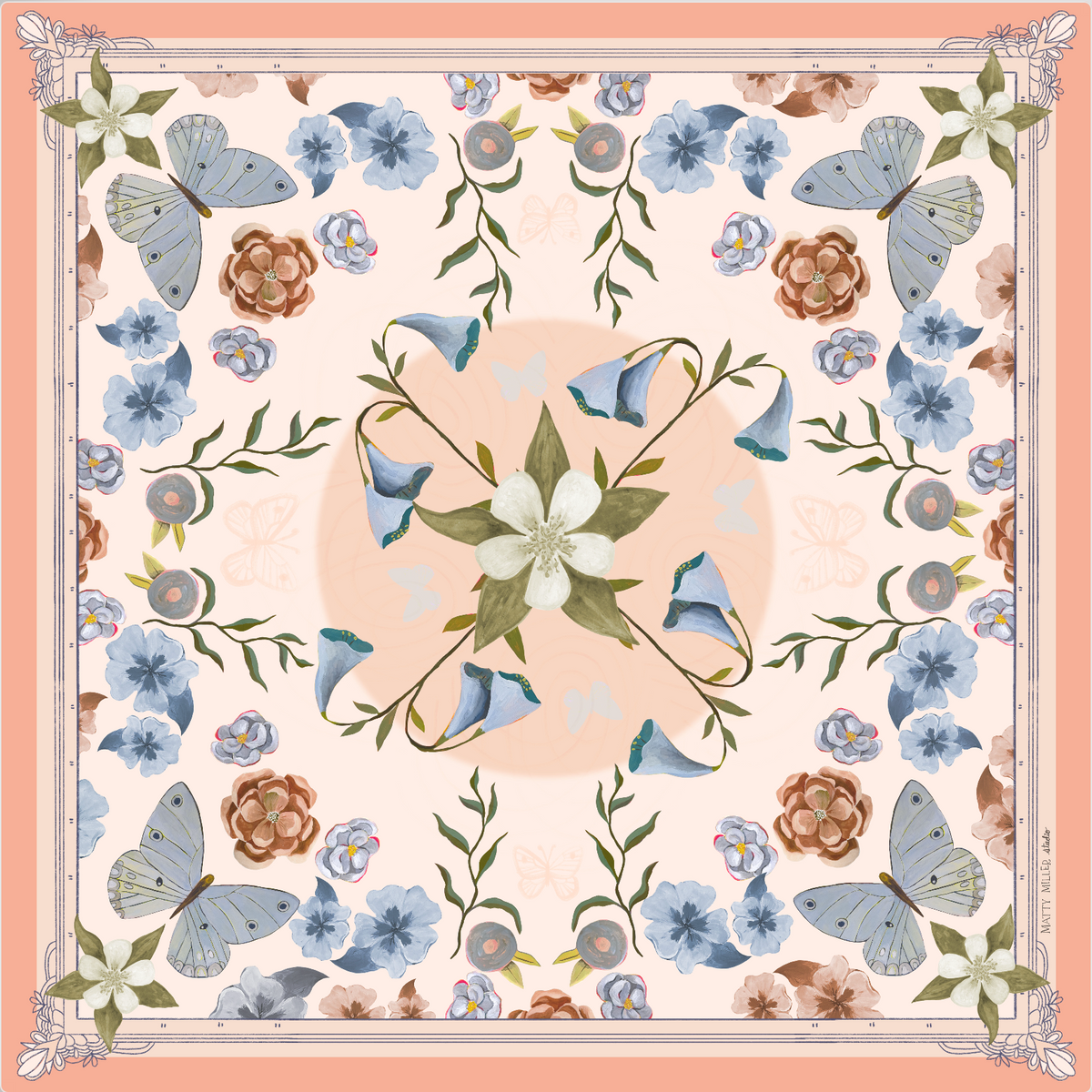 100% Silk Scarf: Columbine - Flowers & Butterflies