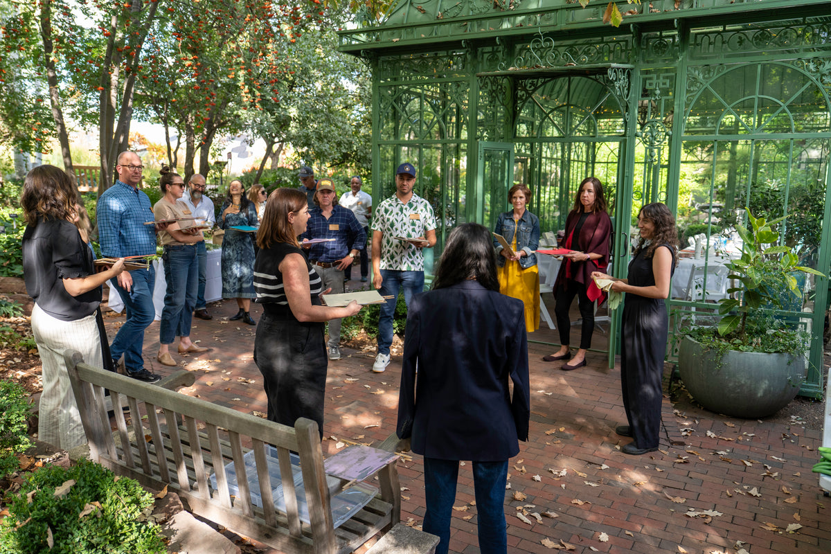 Guests at a Death Cafe creative gathering at Denver Botanic Gardens hosted by Matty Miller Studio