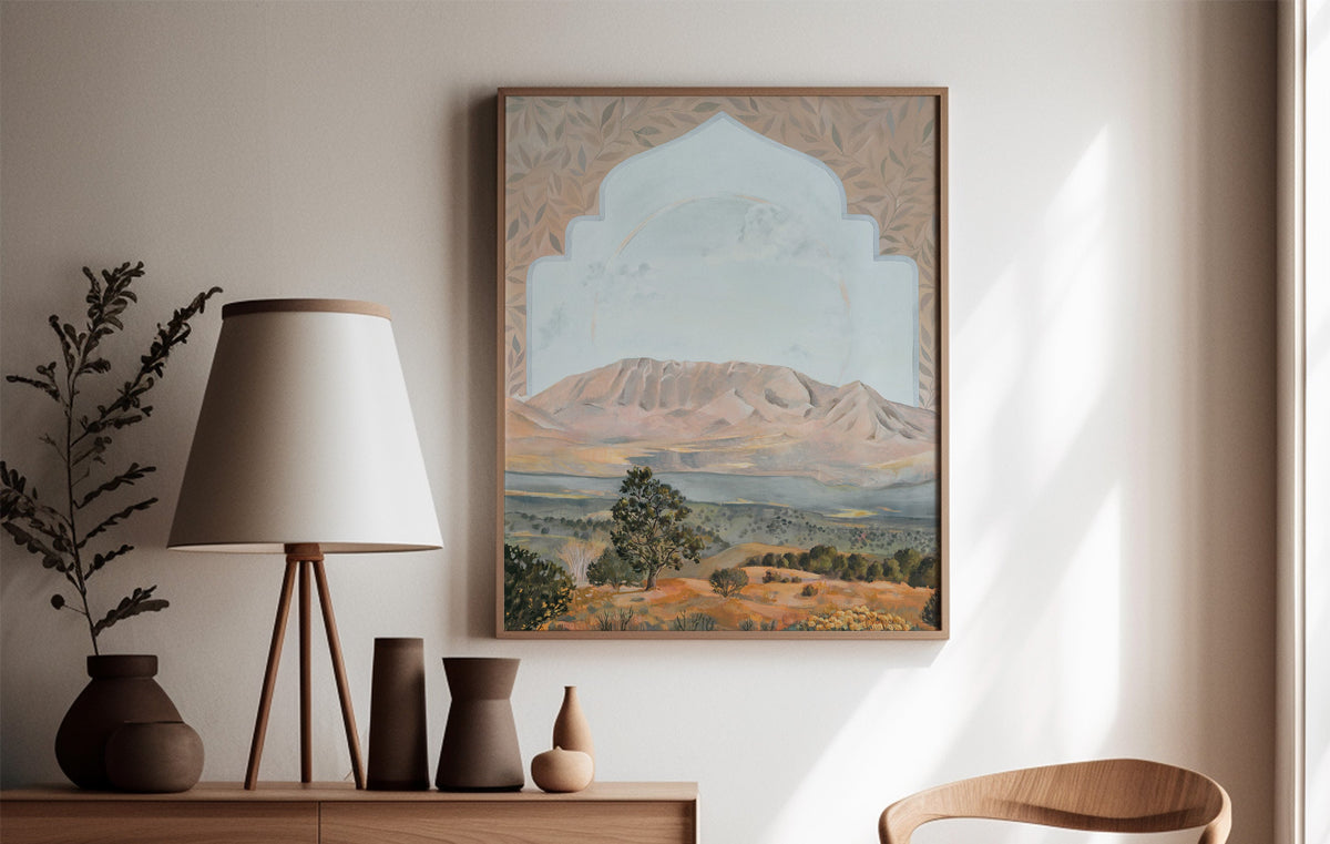 Mountain Water Portal Colorado landscape painting hanging above a sideboard in a living room