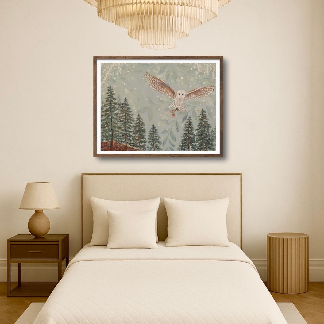 The Flower Thief owl and pasque flower art print hanging in a bedroom