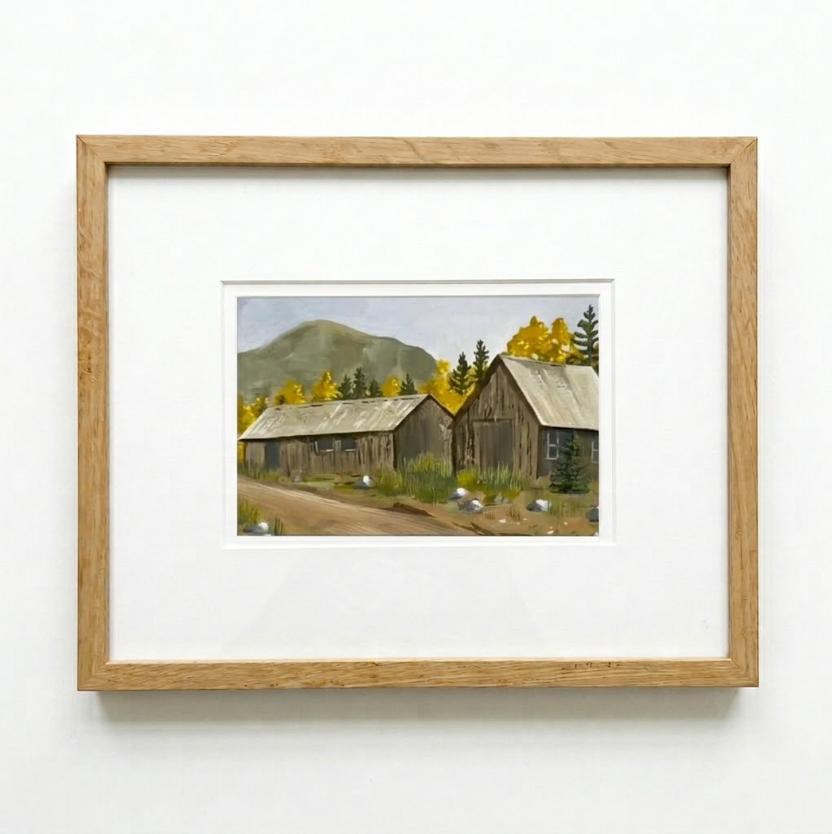 St Elmo in Gold, Original Colorado Aspen Landscape Painting by Matty Miller, in a minimalist oak frame