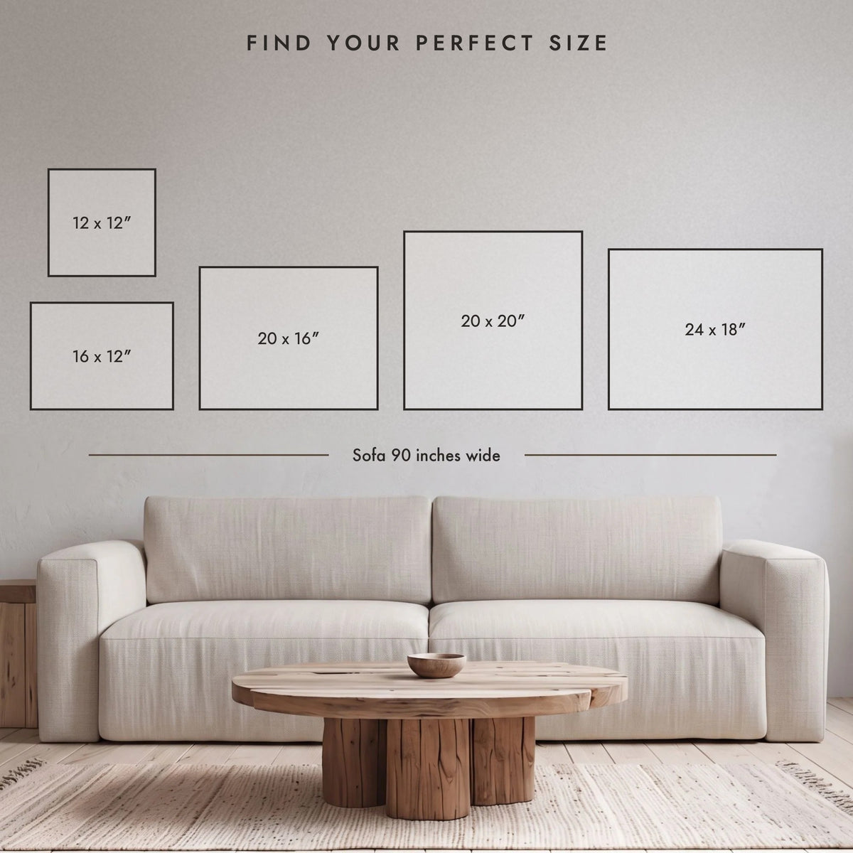 Find your perfect size: 12x12, 16x12, 20x16, 20x20 and 24x18 horizontal art prints shown to scale above a 90 inch sofa