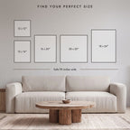 Find your perfect size: 12x12, 12x16, 16x20, 20x20 and 18x24 vertical art prints shown to scale above a 90 inch sofa