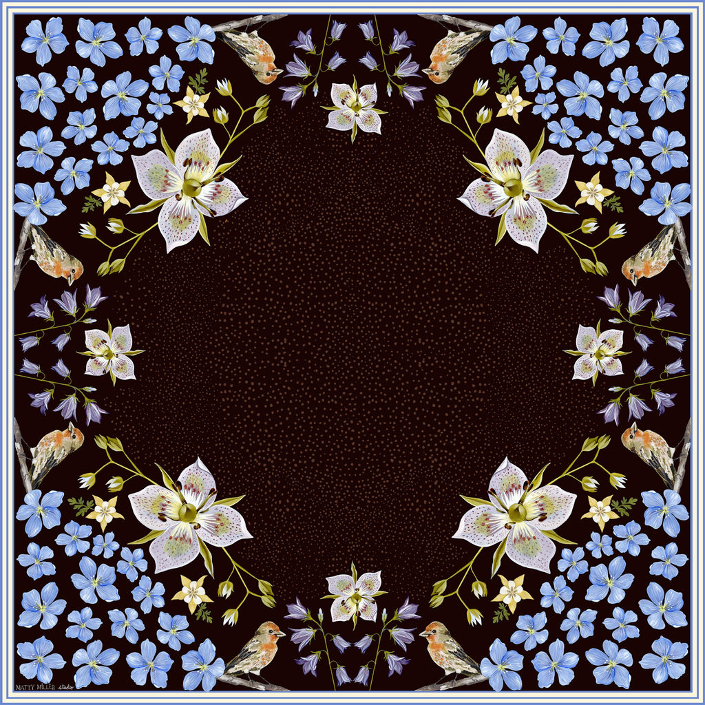 Black Gentian 100% silk scarf, Floral Bird Design by Matty Miller, full artwork