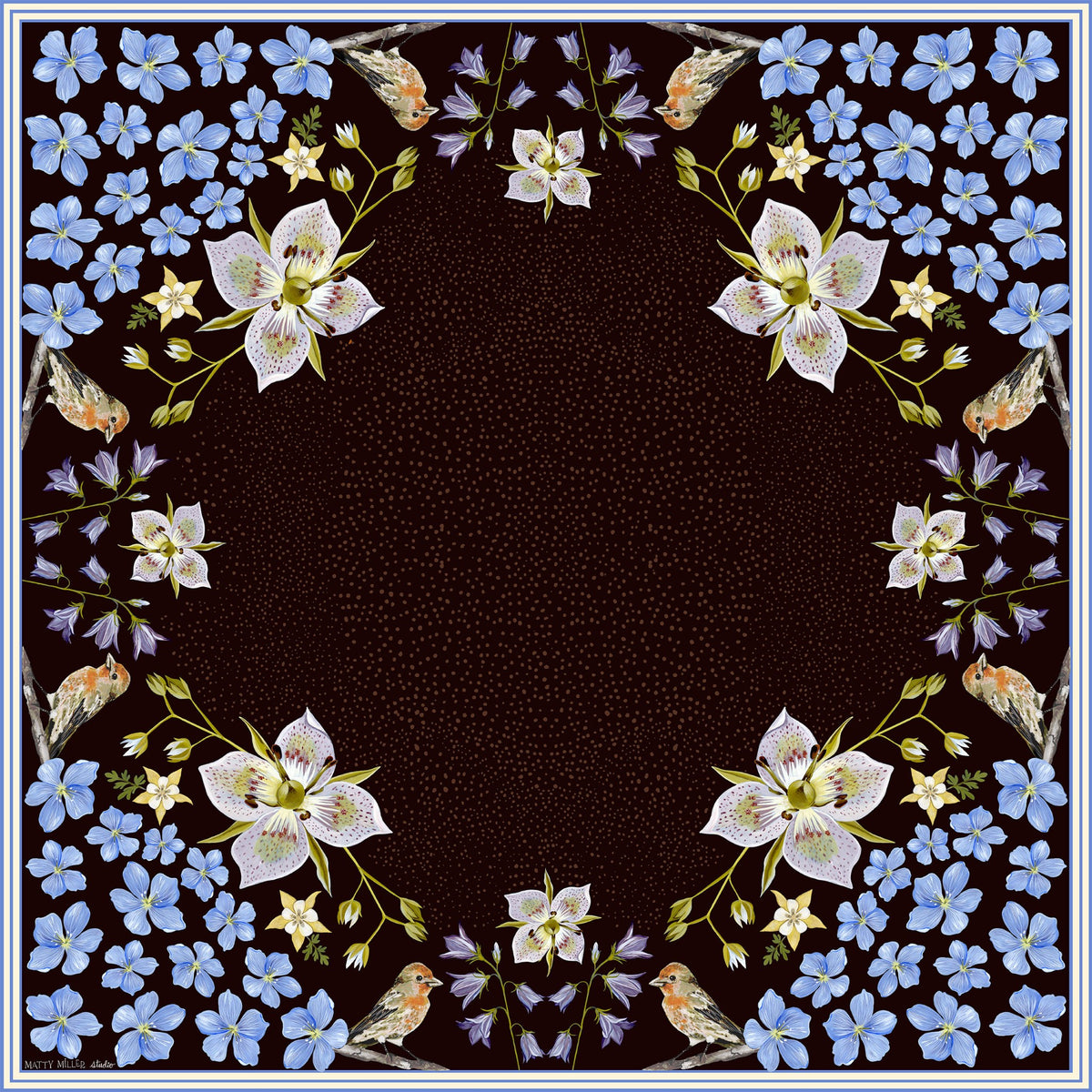 Black Gentian 100% silk scarf, Floral Bird Design by Matty Miller, full artwork