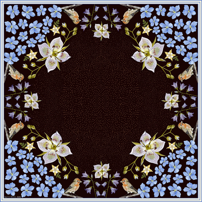 100% Silk Scarf: Black Gentian - Floral Bird Design