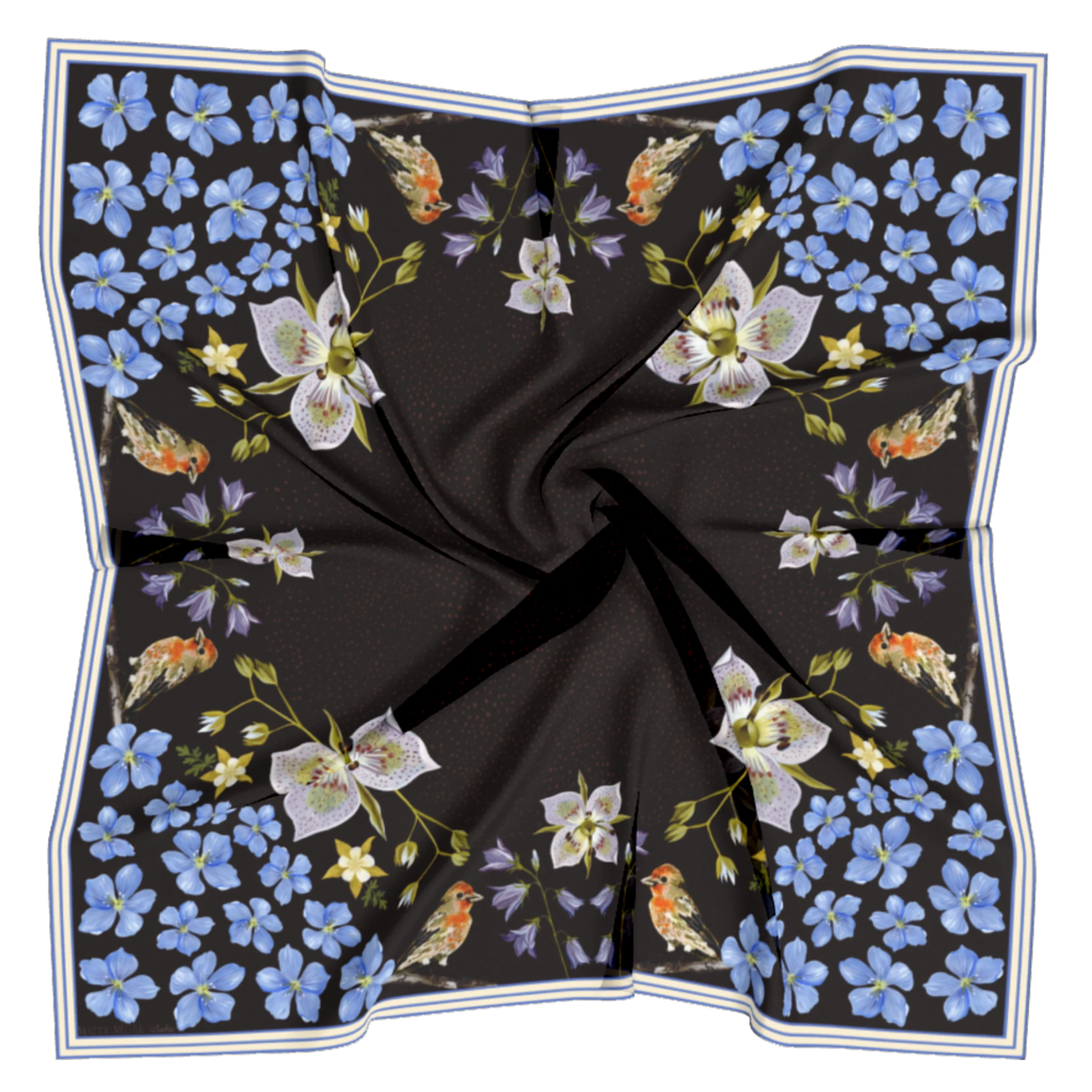 Black Gentian 100% silk scarf, Floral Bird Design by Matty Miller, silk drape detail