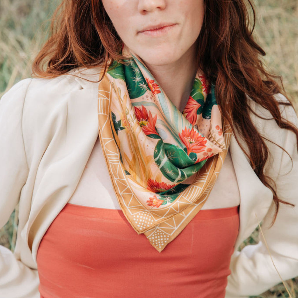 Cactus Garden 100% silk scarf, Desert Botanical Pattern by Matty Miller, worn