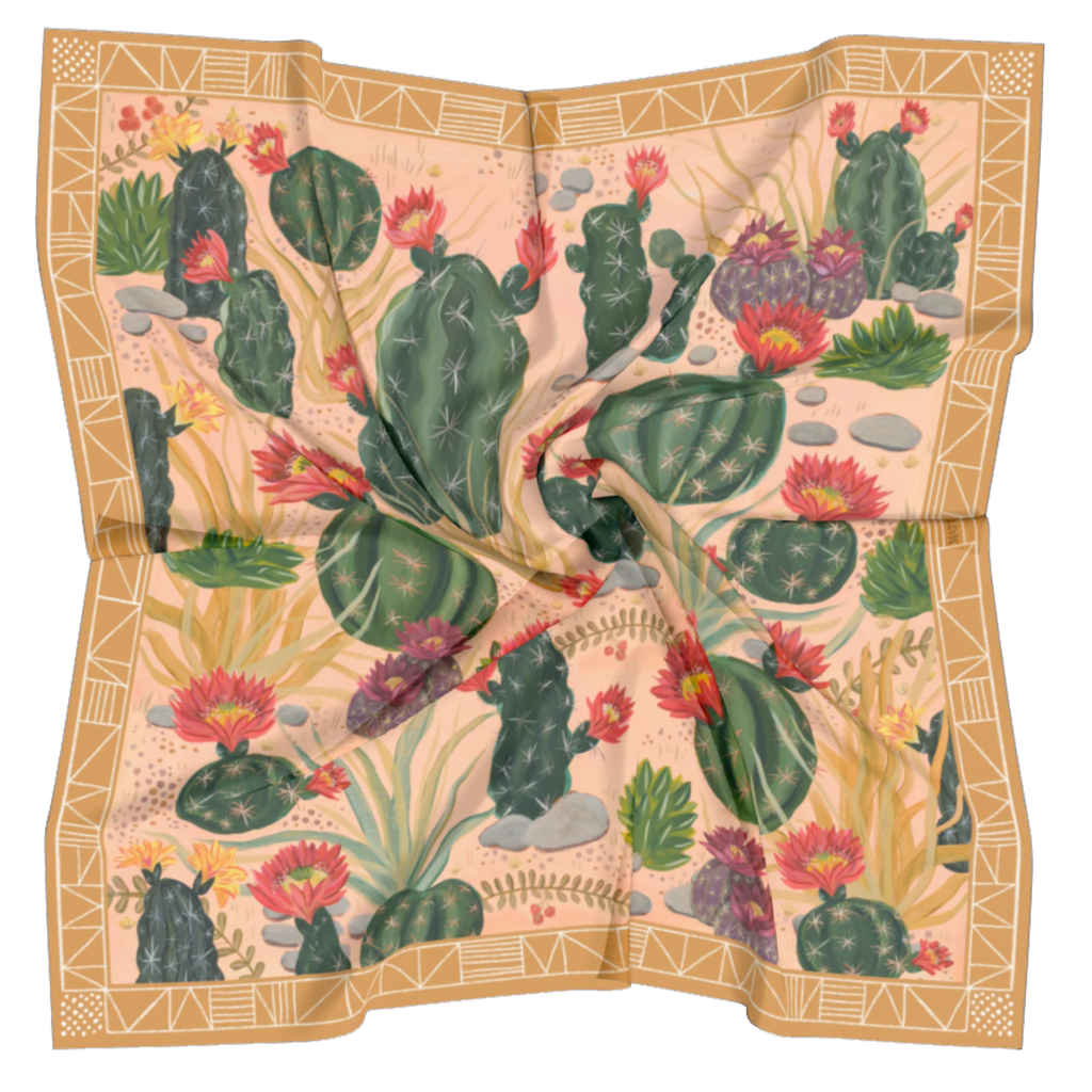 Cactus Garden 100% silk scarf, Desert Botanical Pattern by Matty Miller, silk drape detail