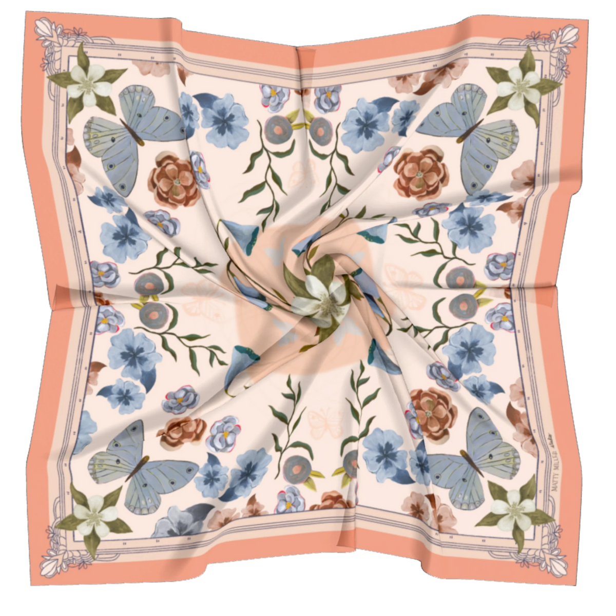 Columbine 100% silk scarf, Flowers & Butterflies by Matty Miller, silk drape detail