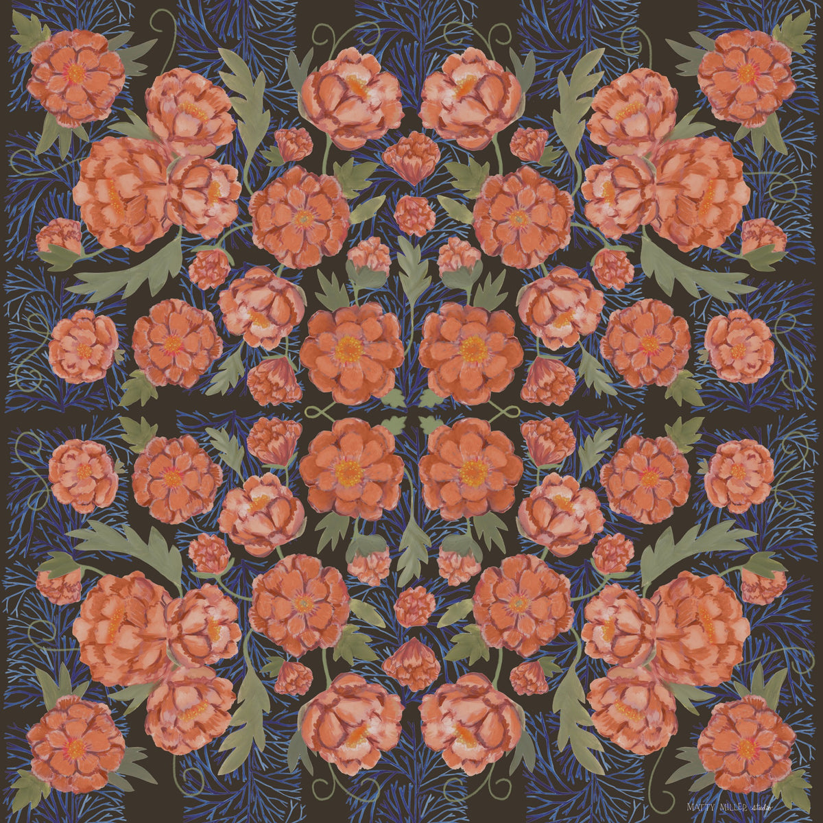 Guadalupe 100% silk scarf, Dark Floral Pattern by Matty Miller, full artwork