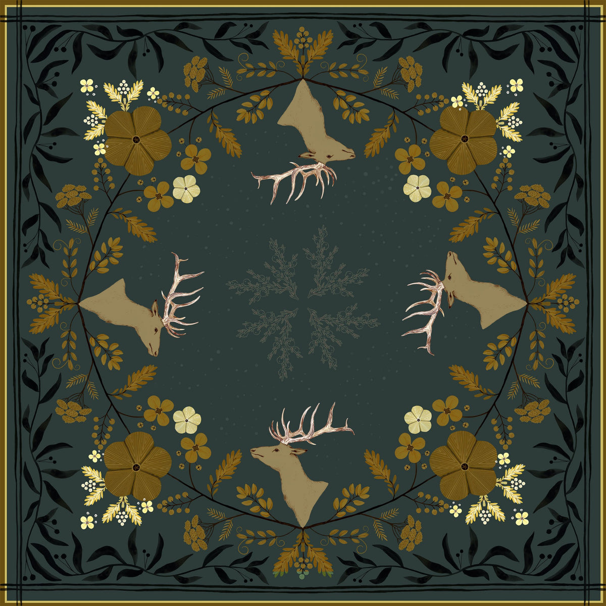 Haven 100% silk scarf, Golden Wildflowers & Elk by Matty Miller, full artwork
