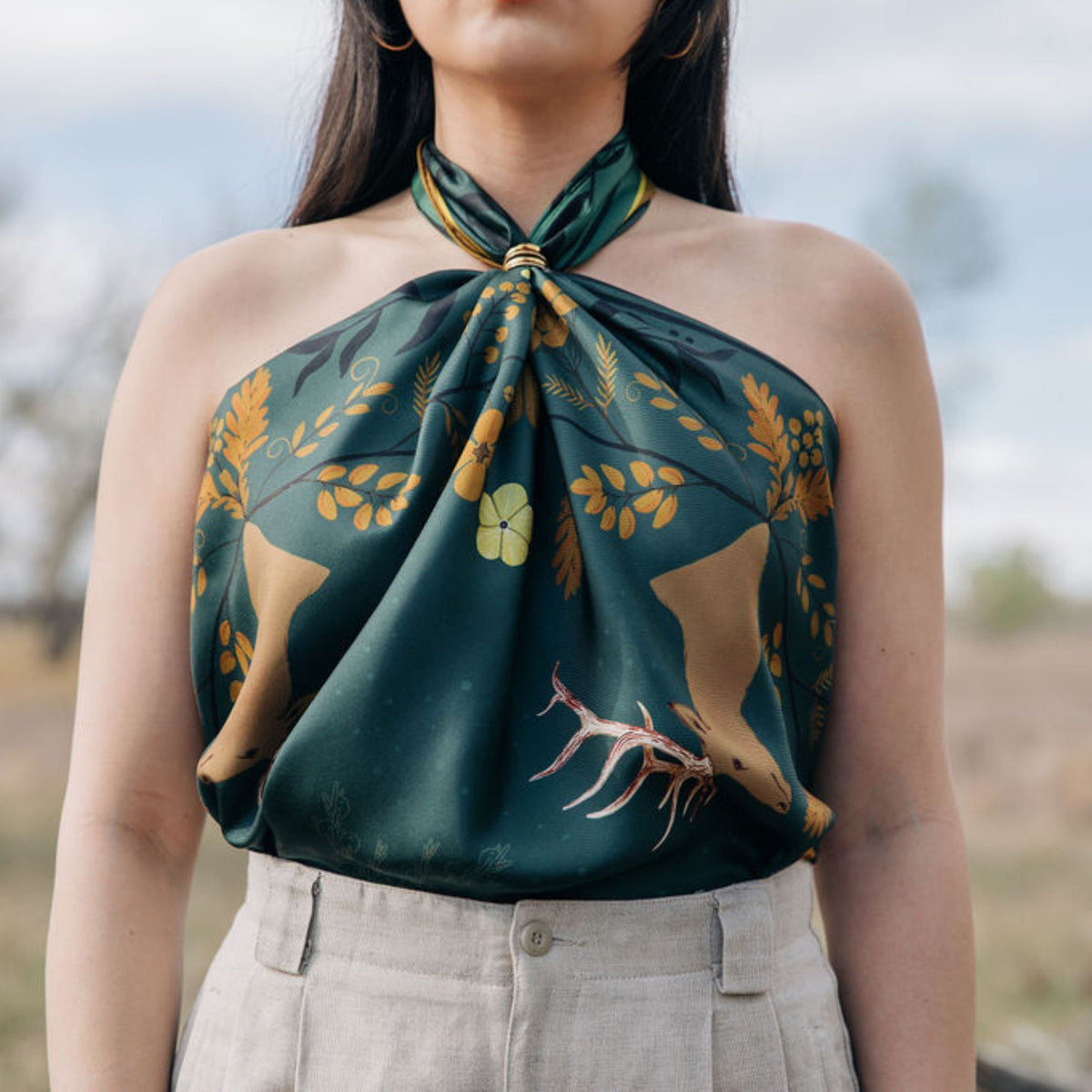 Haven 100% silk scarf, Golden Wildflowers & Elk by Matty Miller, worn