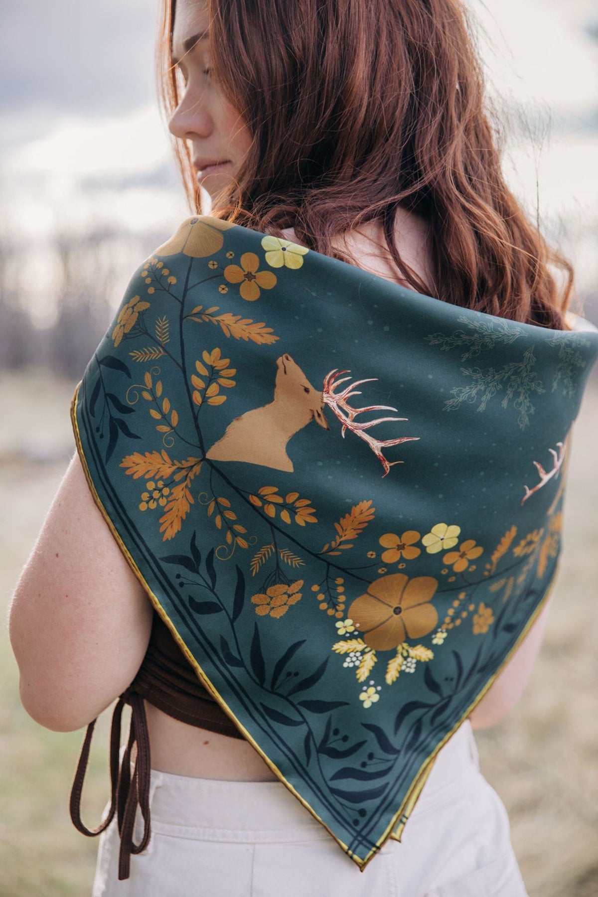 Haven 100% silk scarf, Golden Wildflowers & Elk by Matty Miller, worn