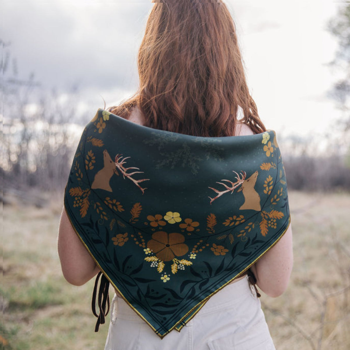 Haven 100% silk scarf, Golden Wildflowers & Elk by Matty Miller, worn
