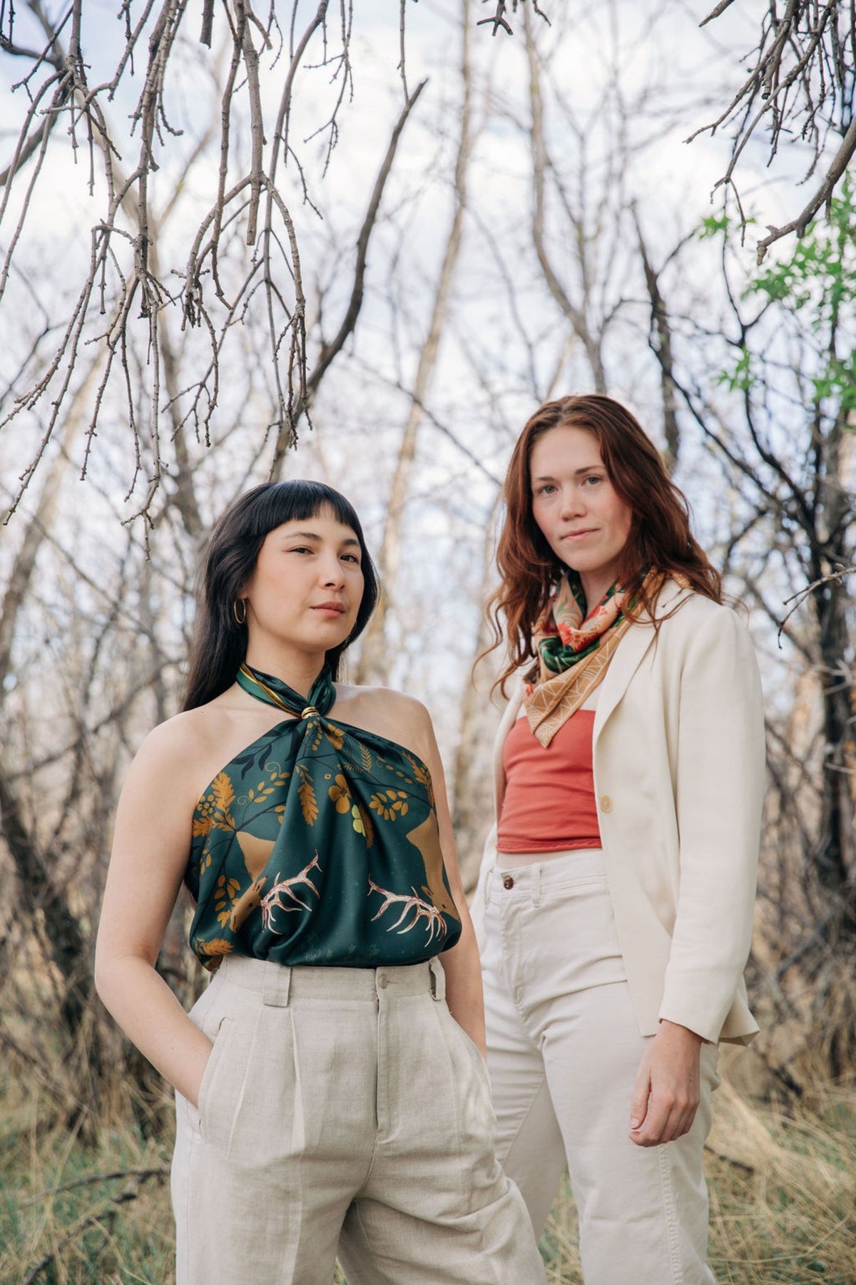 Haven and Cactus Garden 100% silk scarves by Matty Miller, worn outdoors