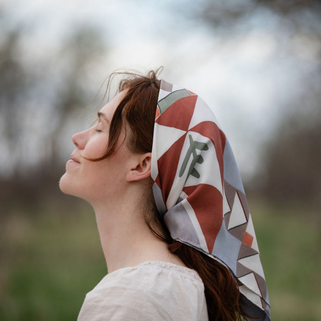 Heirloom 100% silk scarf, Folk Quilt Pattern by Matty Miller, worn