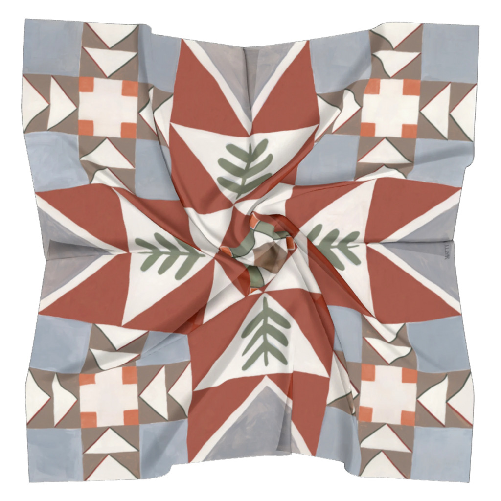 Heirloom 100% silk scarf, Folk Quilt Pattern by Matty Miller, silk drape detail