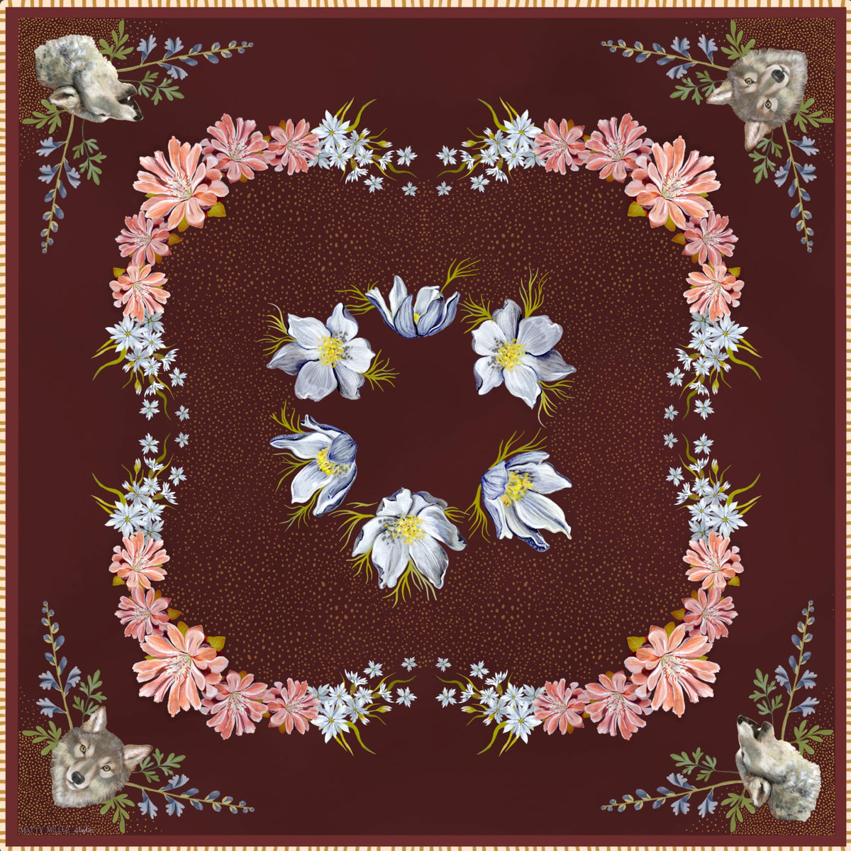 Lupine 100% silk scarf, Wolf Wildflower Pattern by Matty Miller, full artwork