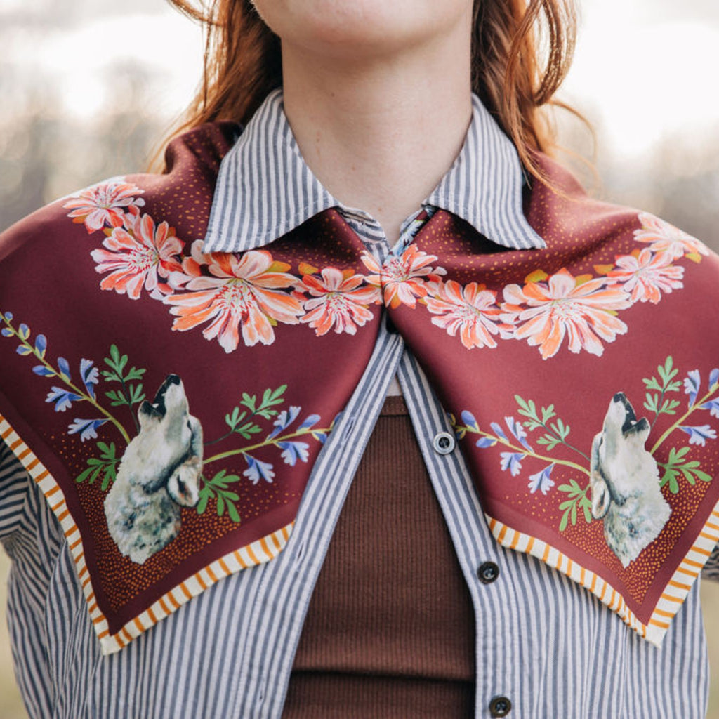 Lupine 100% silk scarf, Wolf Wildflower Pattern by Matty Miller, worn