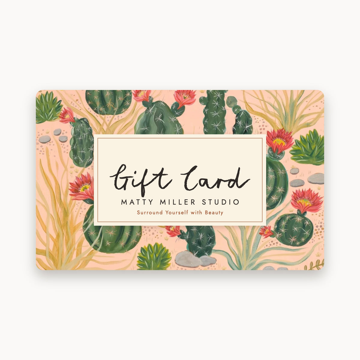 Matty Miller Studio gift card with a hand-painted cactus garden design