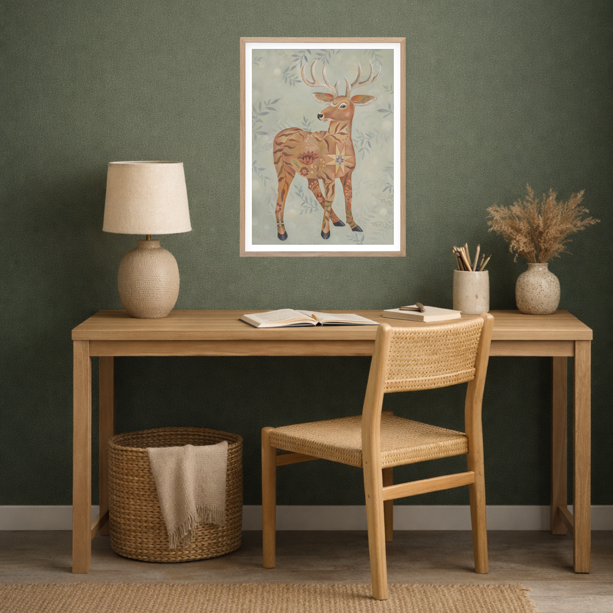 Meadow Sentinel, Deer with Floral & Quilt Art Print by Matty Miller