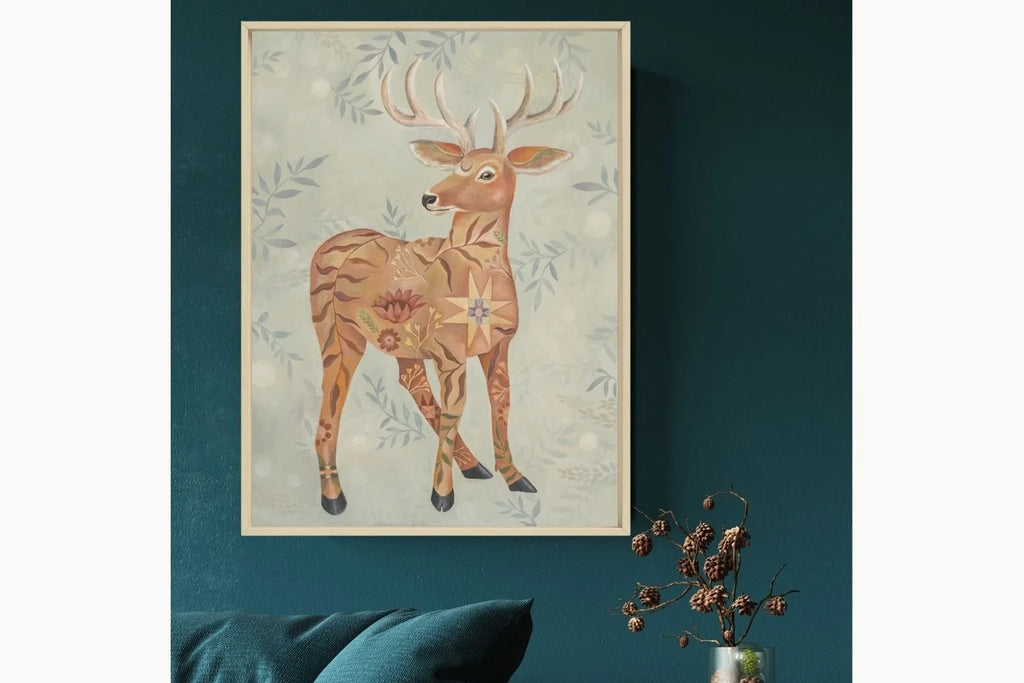 Meadow Sentinel, Original Deer with Floral & Quilt Painting by Matty Miller