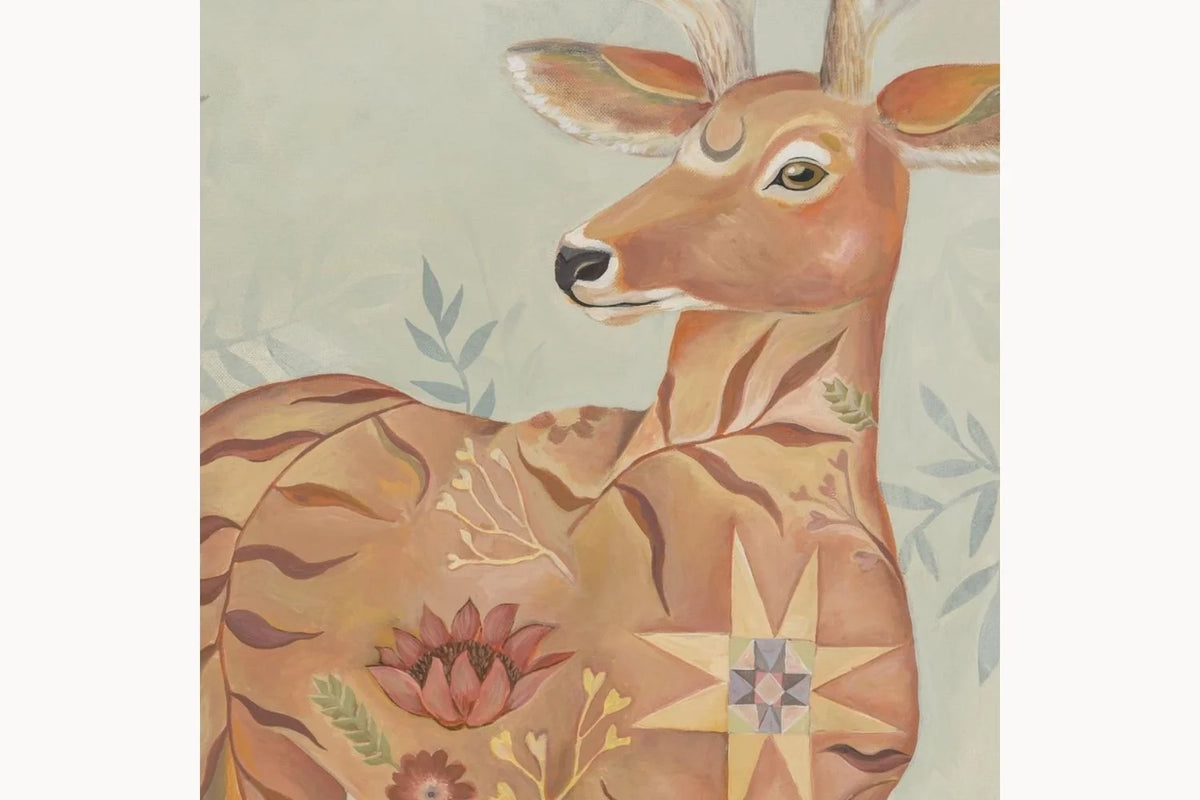 Meadow Sentinel, Original Deer with Floral & Quilt Painting by Matty Miller