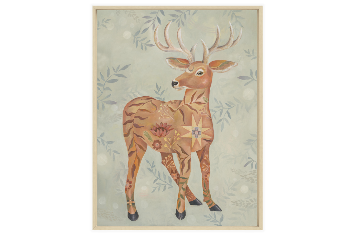 Meadow Sentinel, Original Deer with Floral & Quilt Painting by Matty Miller