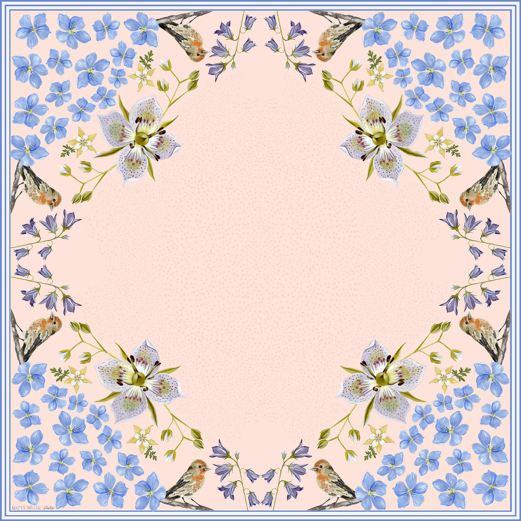 Pink Gentian 100% silk scarf, Wildflower Bird Design by Matty Miller, full artwork