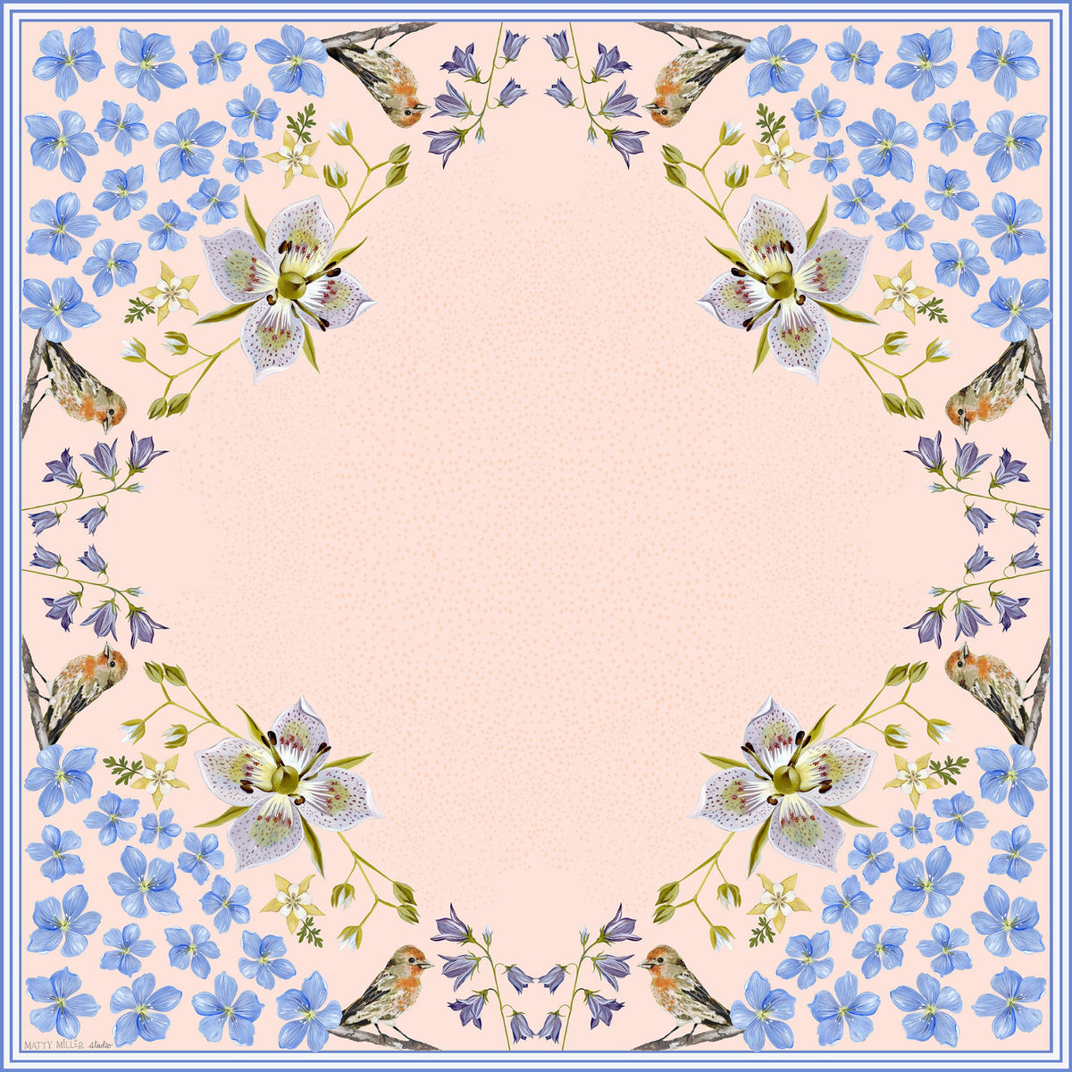 Pink Gentian 100% silk scarf, Wildflower Bird Design by Matty Miller, full artwork