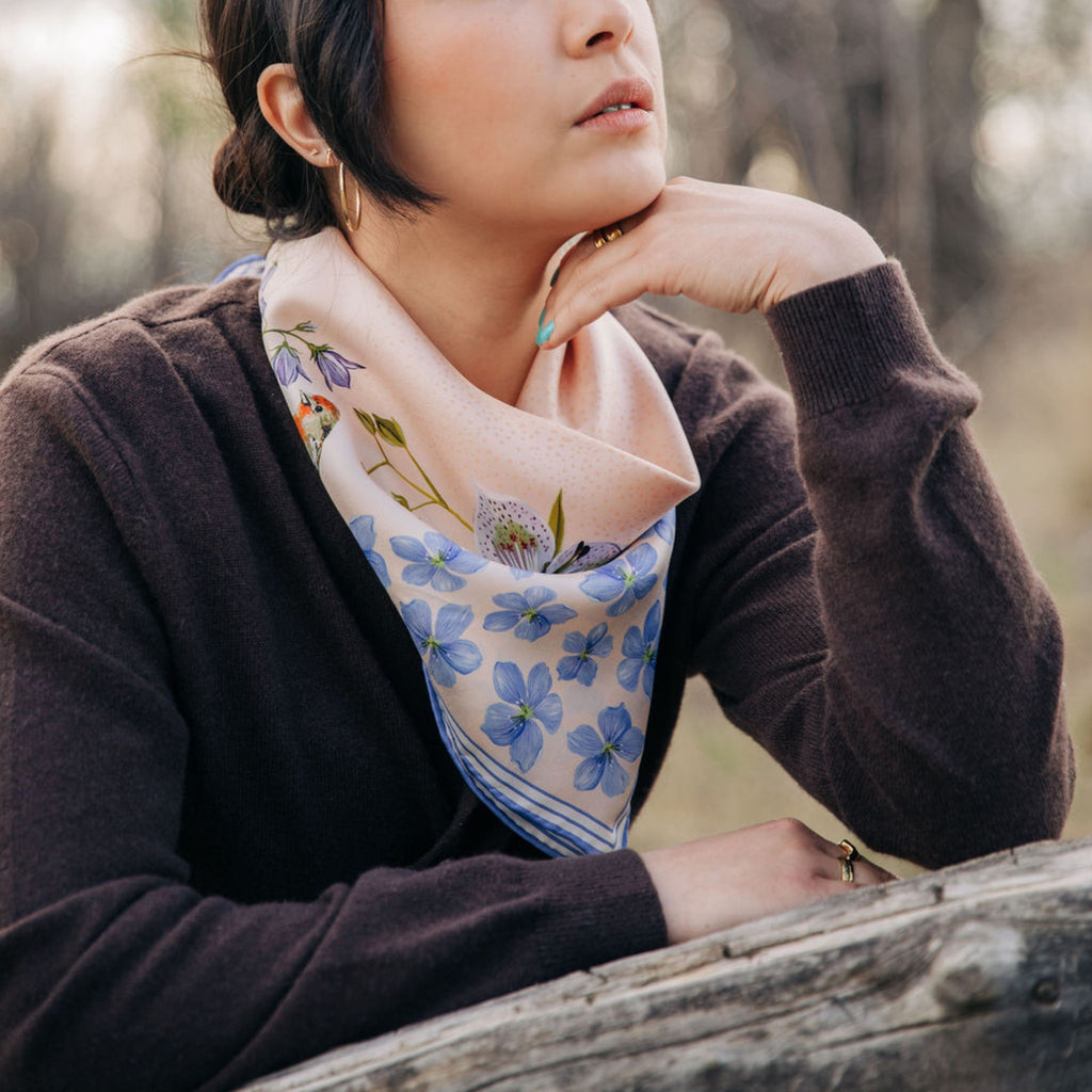 Pink Gentian 100% silk scarf, Wildflower Bird Design by Matty Miller, worn