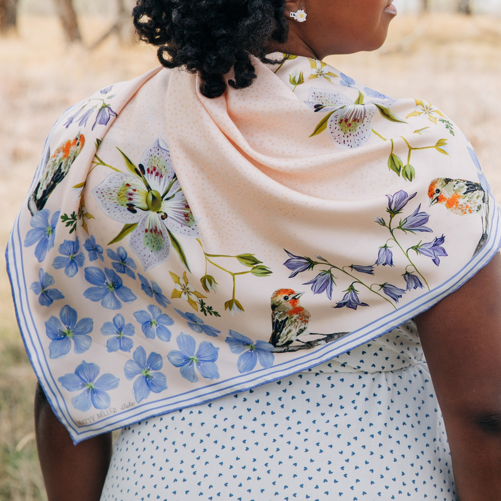 Pink Gentian 100% silk scarf, Wildflower Bird Design by Matty Miller, worn