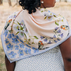 Pink Gentian 100% silk scarf, Wildflower Bird Design by Matty Miller, worn