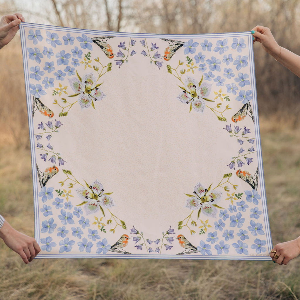 Pink Gentian 100% silk scarf, Wildflower Bird Design by Matty Miller, held open outdoors