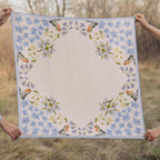 Pink Gentian 100% silk scarf, Wildflower Bird Design by Matty Miller, held open outdoors
