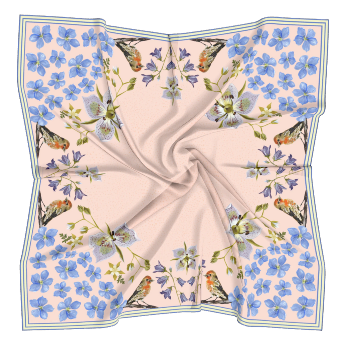 Pink Gentian 100% silk scarf, Wildflower Bird Design by Matty Miller, silk drape detail