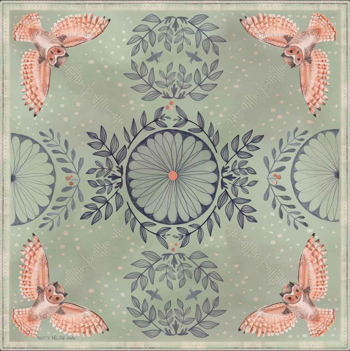 Plume 100% silk scarf, Owls & Florals by Matty Miller, full artwork
