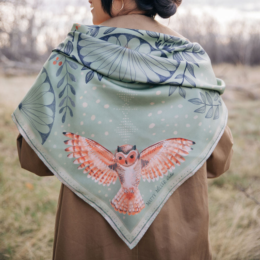 Plume 100% silk scarf, Owls & Florals by Matty Miller, worn