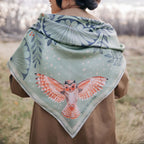 Plume 100% silk scarf, Owls & Florals by Matty Miller, worn