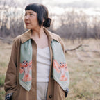 Plume 100% silk scarf, Owls & Florals by Matty Miller, worn
