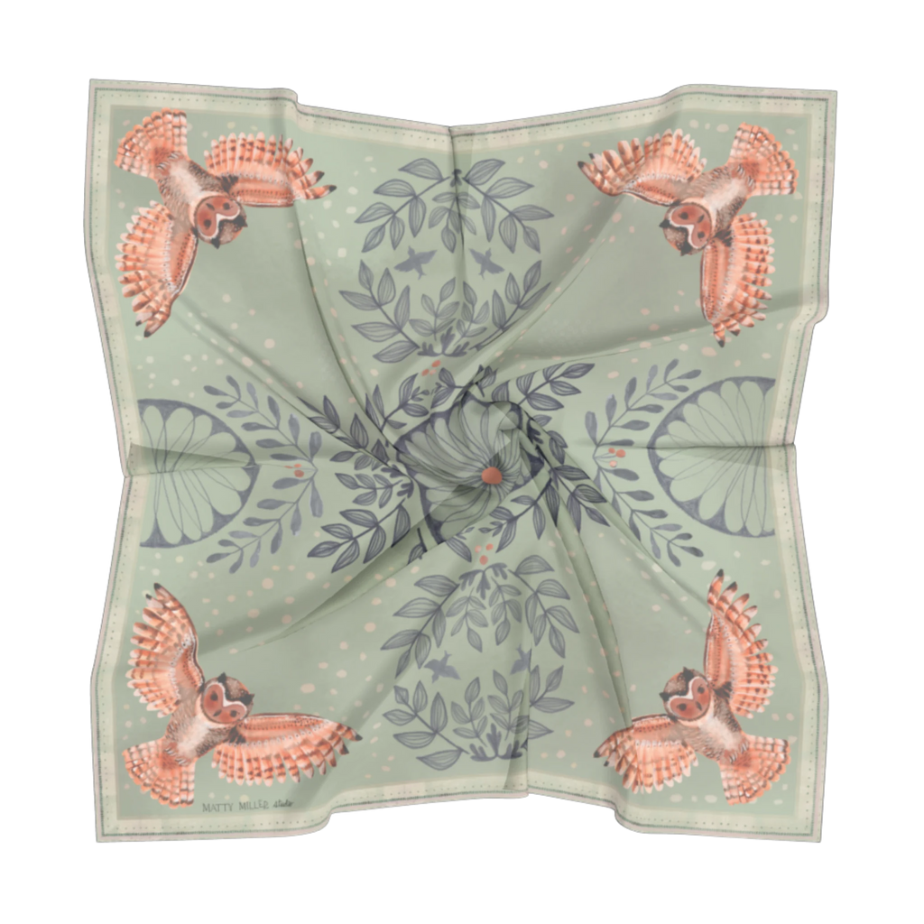 Plume 100% silk scarf, Owls & Florals by Matty Miller, silk drape detail
