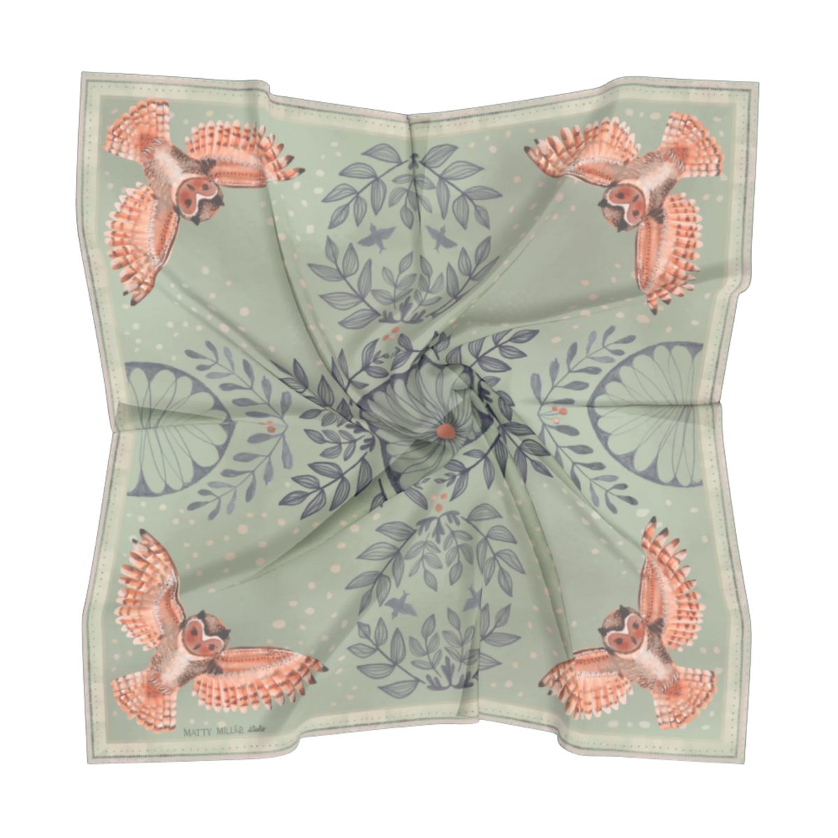 Plume 100% silk scarf, Owls & Florals by Matty Miller, silk drape detail
