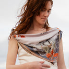 San Luis 100% silk scarf, Landscape Wildlife Floral by Matty Miller, worn