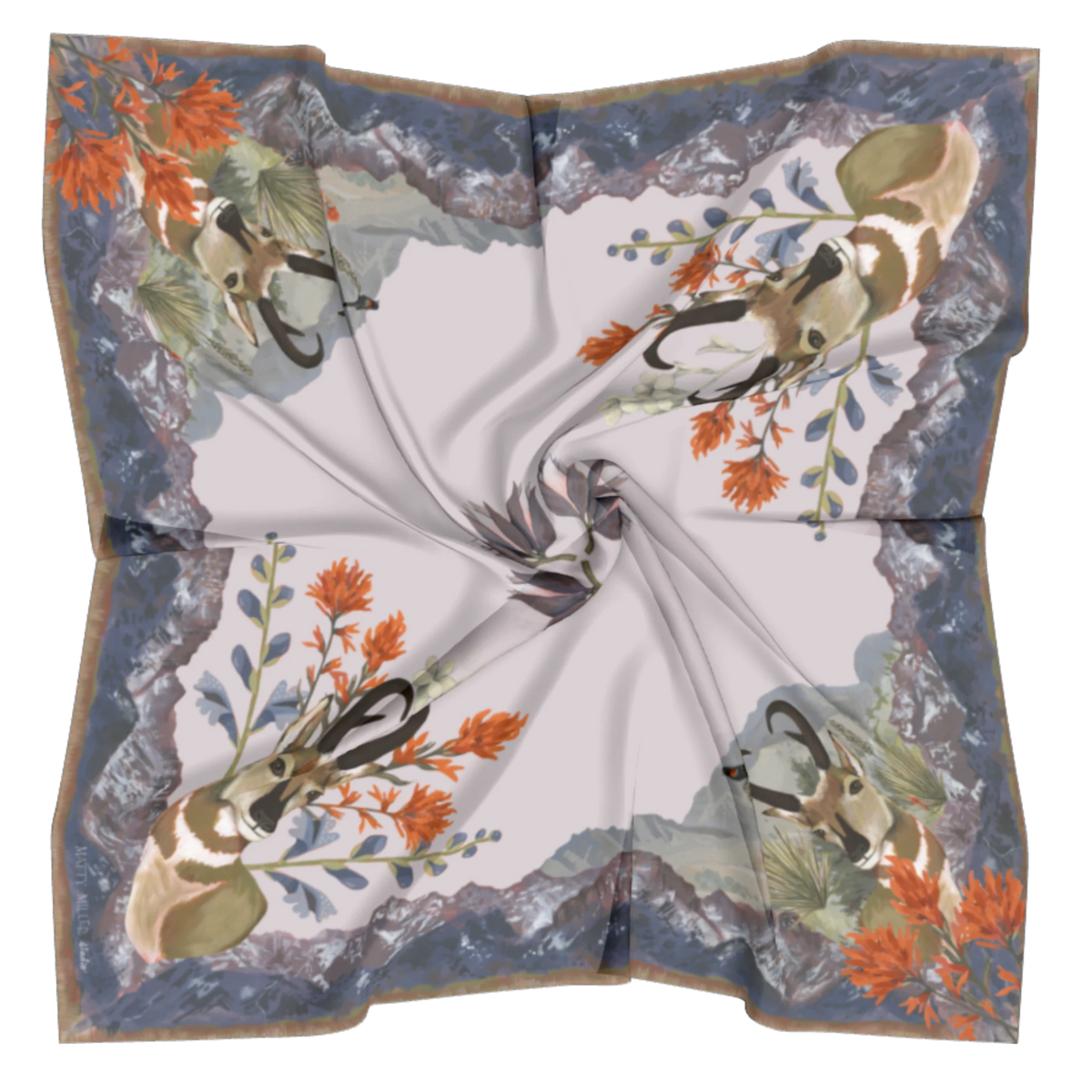 San Luis 100% silk scarf, Landscape Wildlife Floral by Matty Miller, silk drape detail