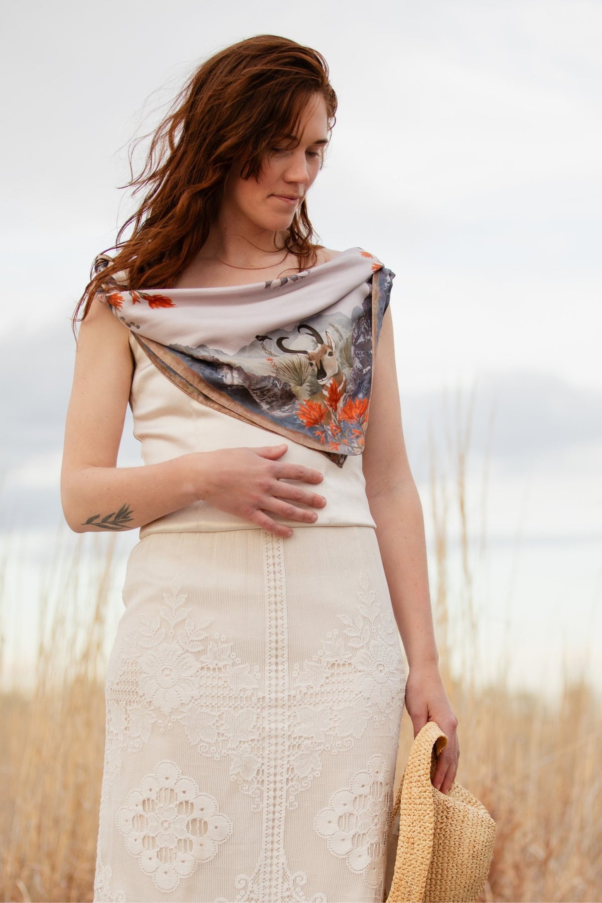San Luis 100% silk scarf, Landscape Wildlife Floral by Matty Miller, worn