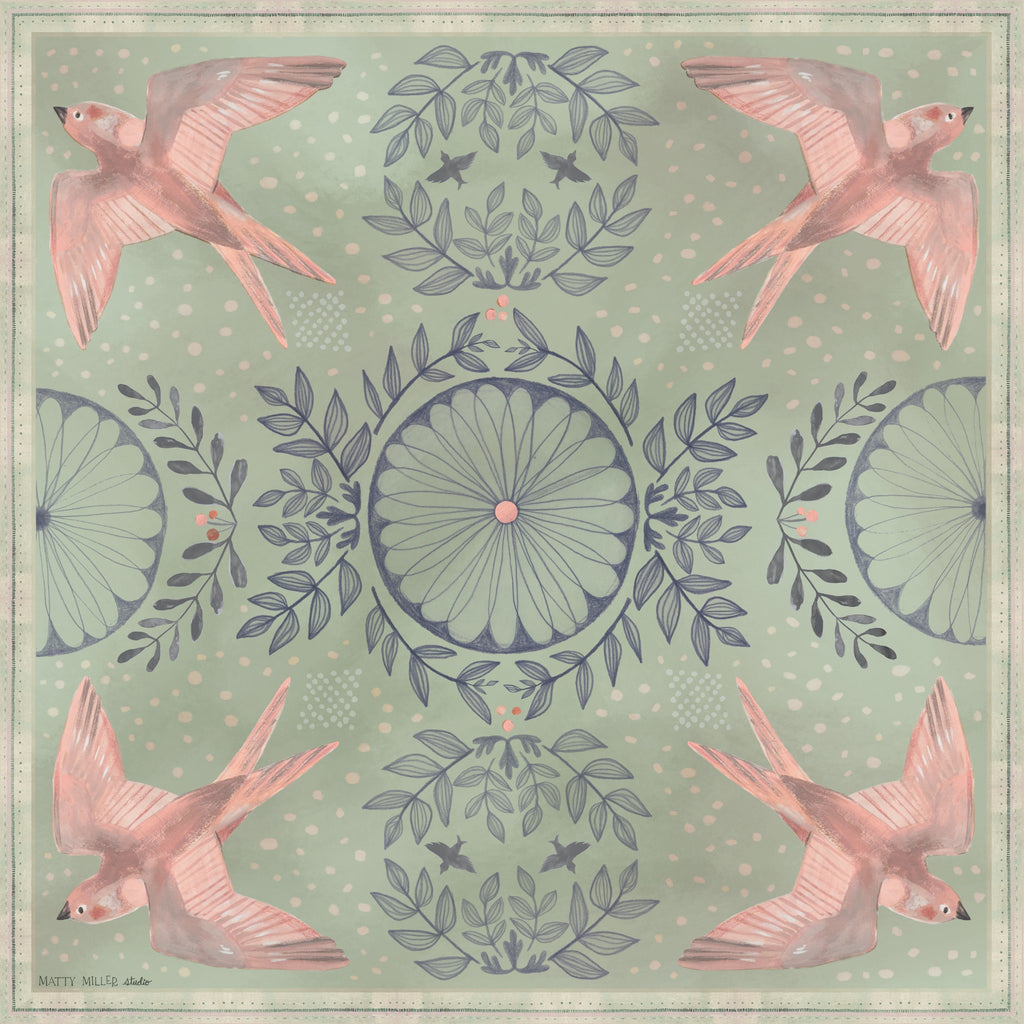 Skylark 100% silk scarf, Birds & Florals by Matty Miller, full artwork