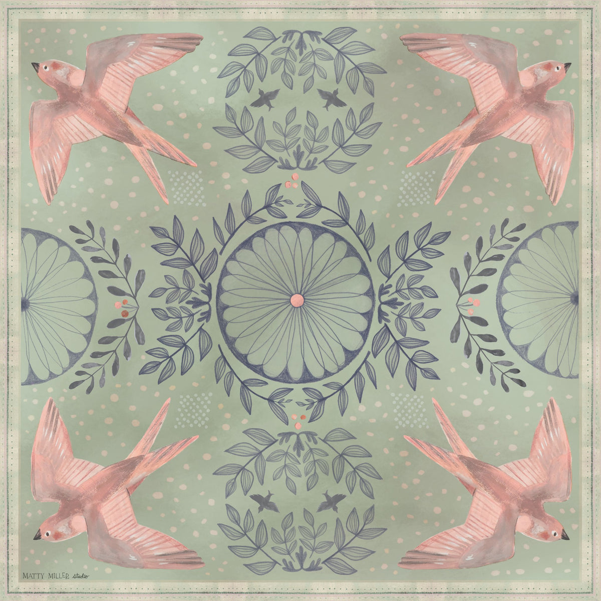 Skylark 100% silk scarf, Birds & Florals by Matty Miller, full artwork