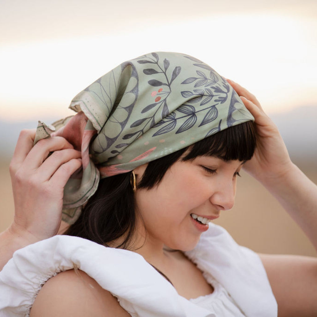 Skylark 100% silk scarf, Birds & Florals by Matty Miller, worn