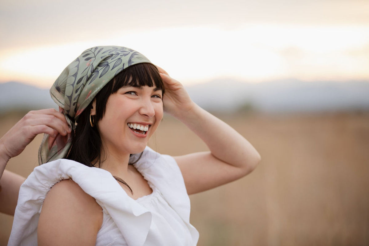 Skylark 100% silk scarf, Birds & Florals by Matty Miller, worn as a headscarf